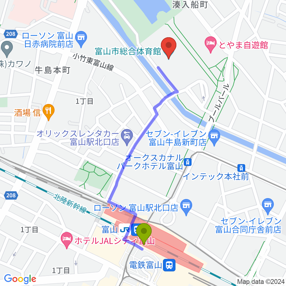 富山駅から富山市総合体育館へのルートマップ地図