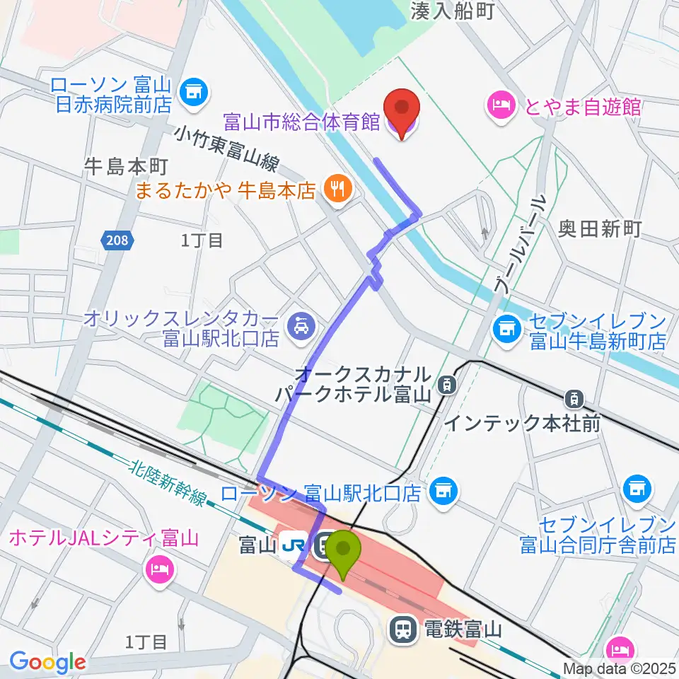 富山駅からYKK AP ARENAへのルートマップ地図