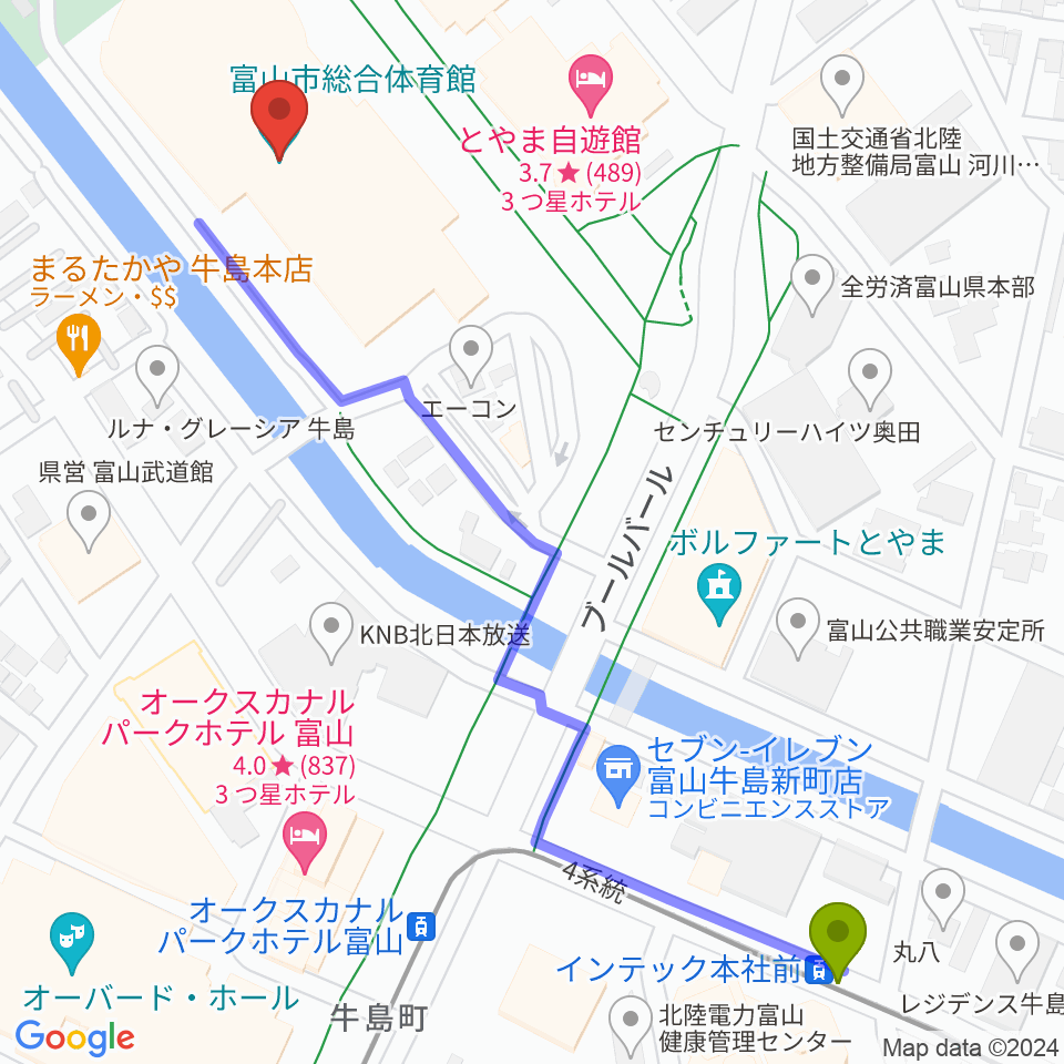インテック本社前駅から富山市総合体育館へのルートマップ地図