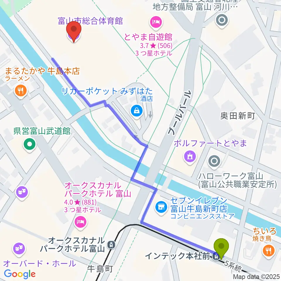 インテック本社前駅からYKK AP ARENAへのルートマップ地図