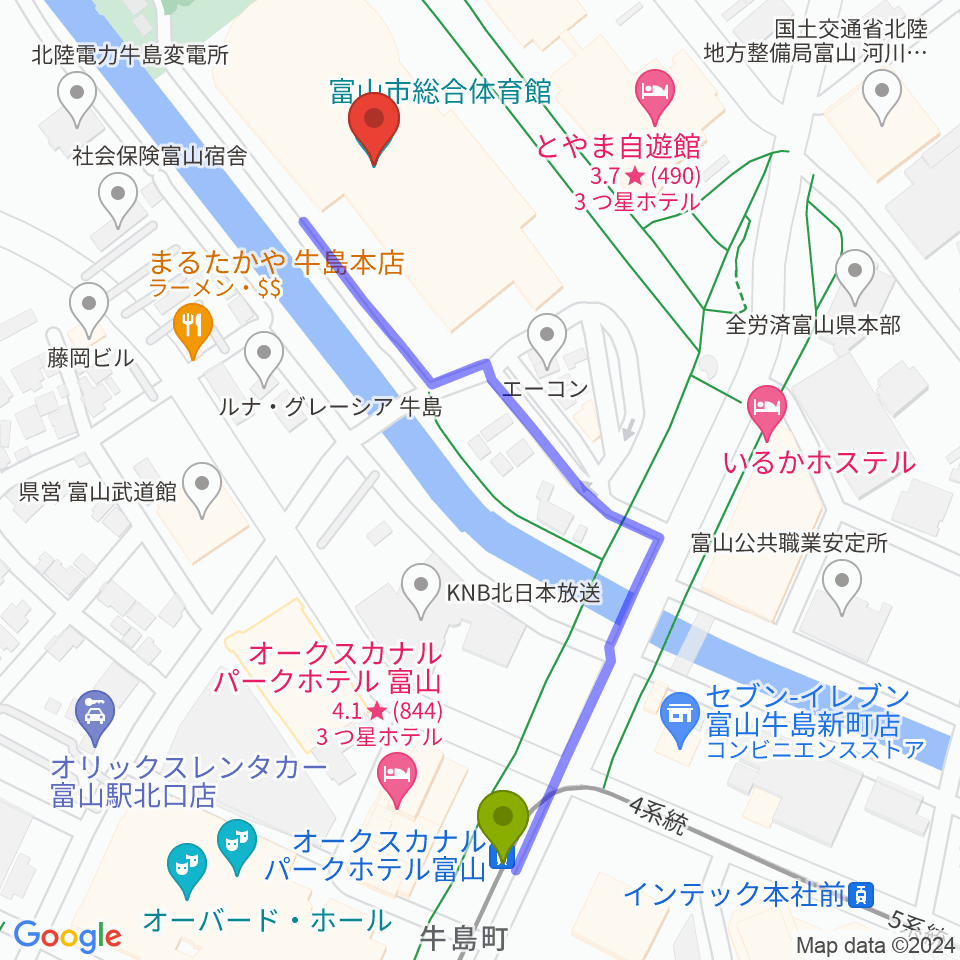 富山市総合体育館の最寄駅オークスカナルパークホテル富山前駅からの徒歩ルート（約6分）地図