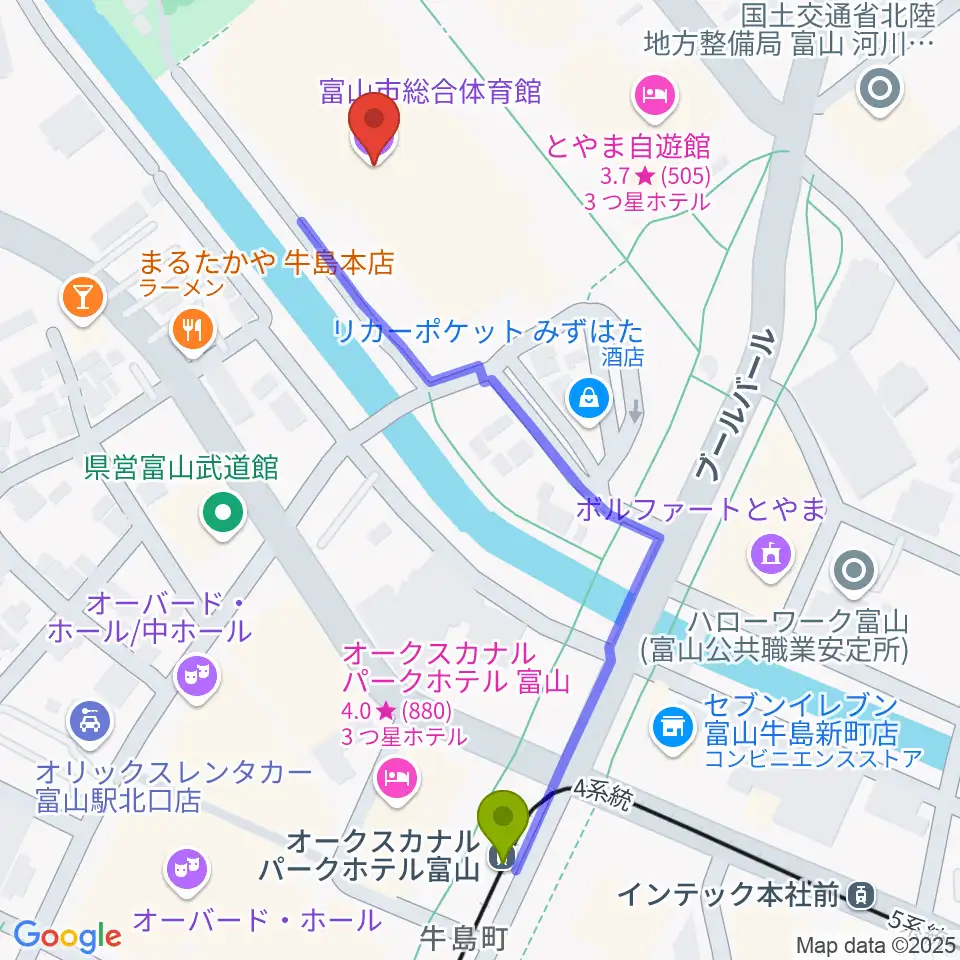 YKK AP ARENAの最寄駅オークスカナルパークホテル富山前駅からの徒歩ルート（約6分）地図