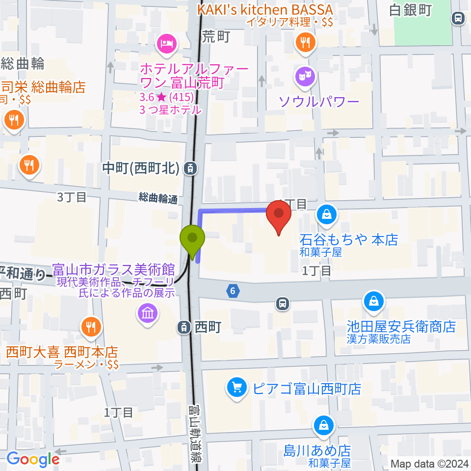 てるてる亭の最寄駅西町駅からの徒歩ルート（約1分）地図