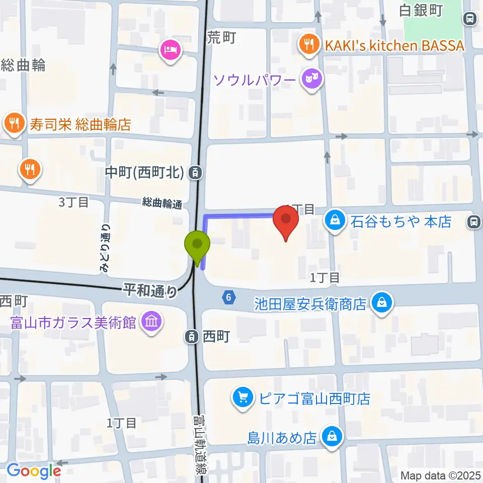 てるてる亭の最寄駅西町駅からの徒歩ルート（約1分）地図