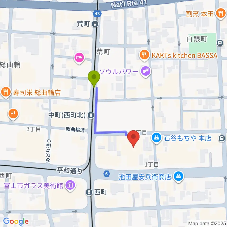 中町（西町北）駅からてるてる亭へのルートマップ地図