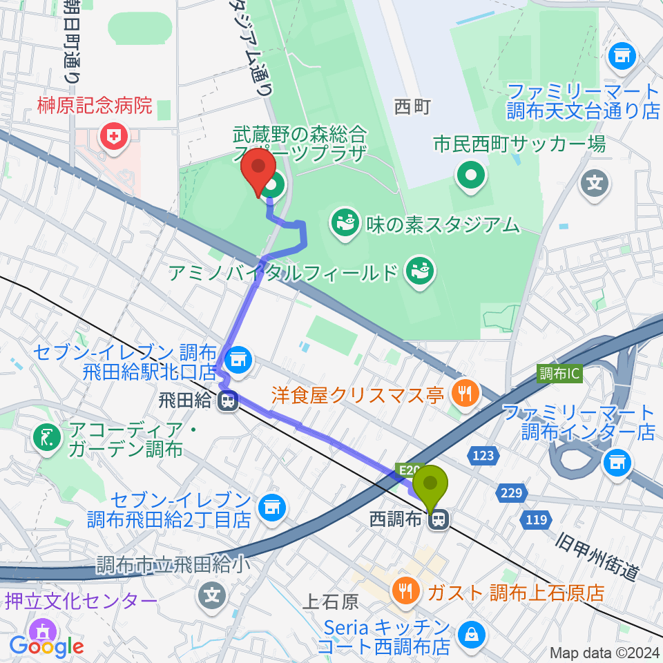 西調布駅から武蔵野の森総合スポーツプラザへのルートマップ地図