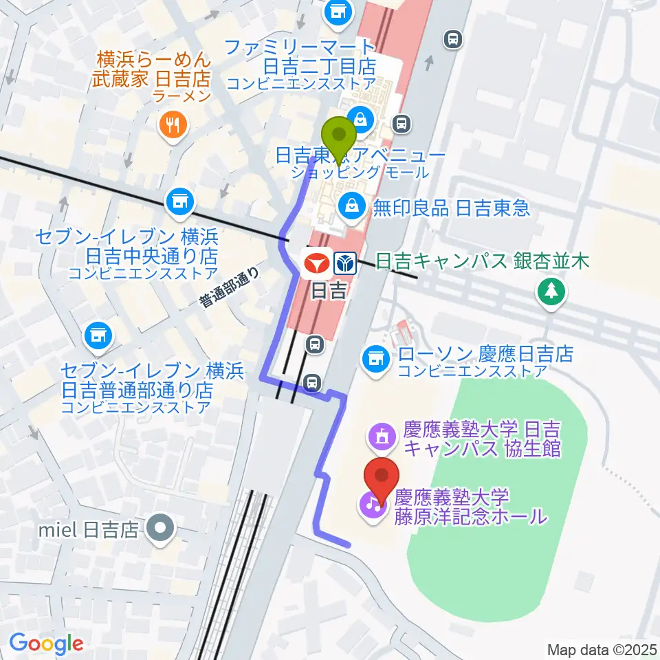 藤原洋記念ホールの最寄駅日吉駅からの徒歩ルート（約4分）地図