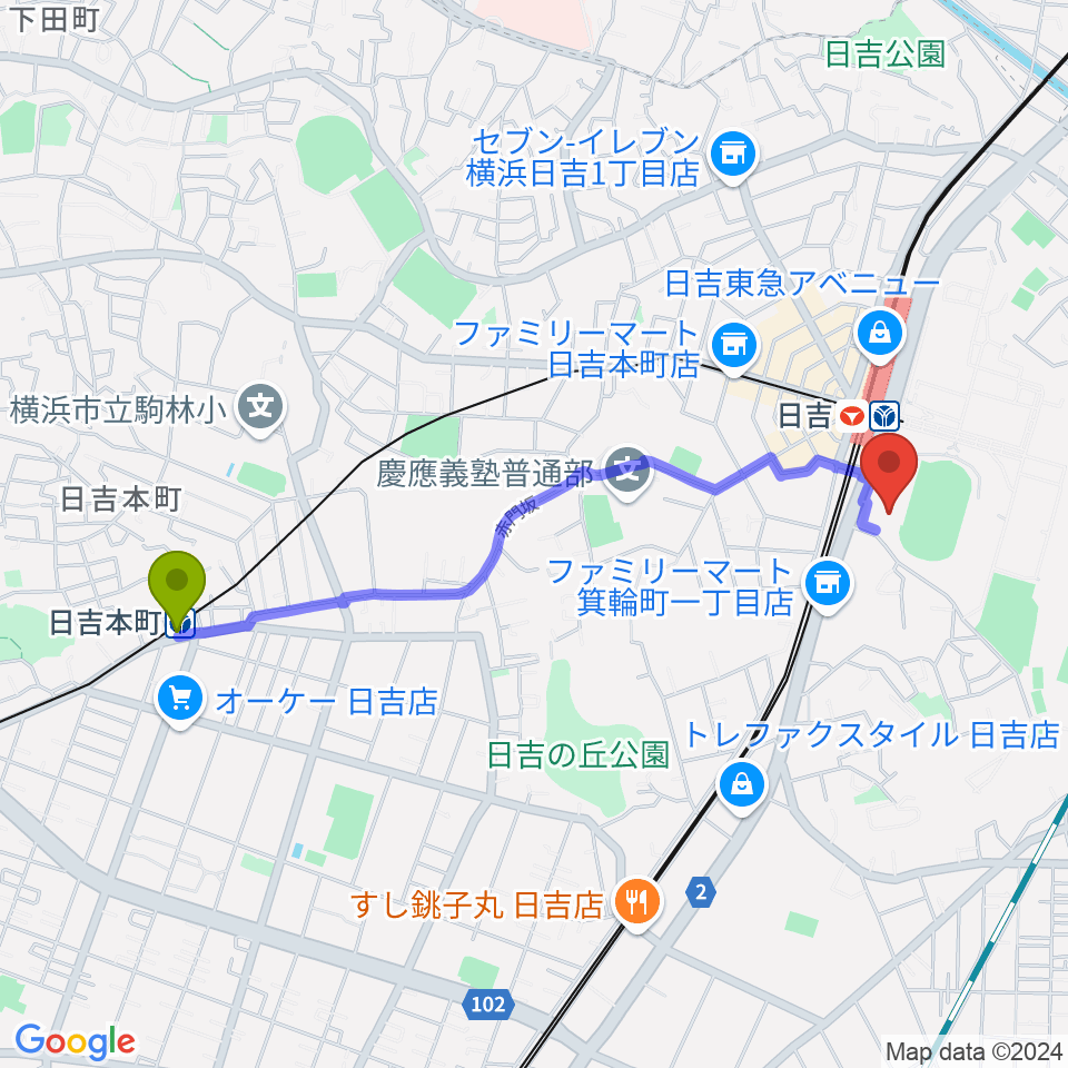 日吉本町駅から藤原洋記念ホールへのルートマップ地図