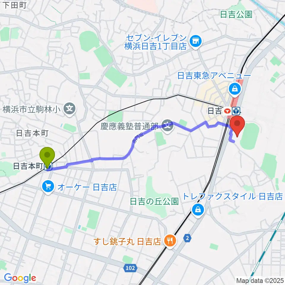 日吉本町駅から藤原洋記念ホールへのルートマップ地図