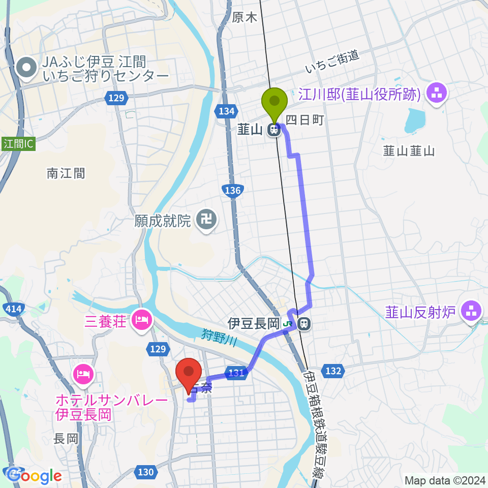 韮山駅から長岡総合会館アクシスかつらぎへのルートマップ地図