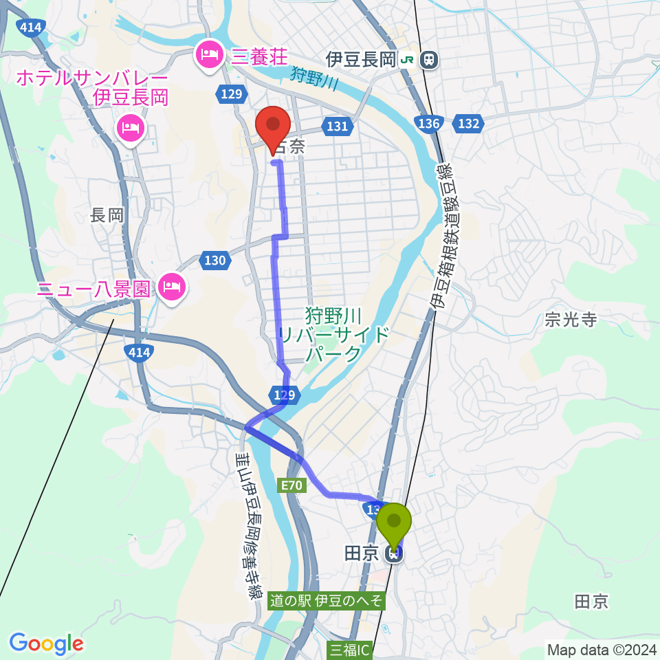 田京駅から長岡総合会館アクシスかつらぎへのルートマップ地図