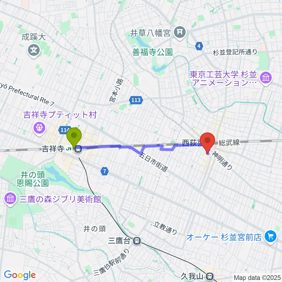 吉祥寺駅からSAWYER CAFEへのルートマップ地図