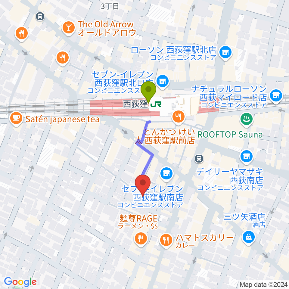 SAWYER CAFEの最寄駅西荻窪駅からの徒歩ルート（約2分）地図