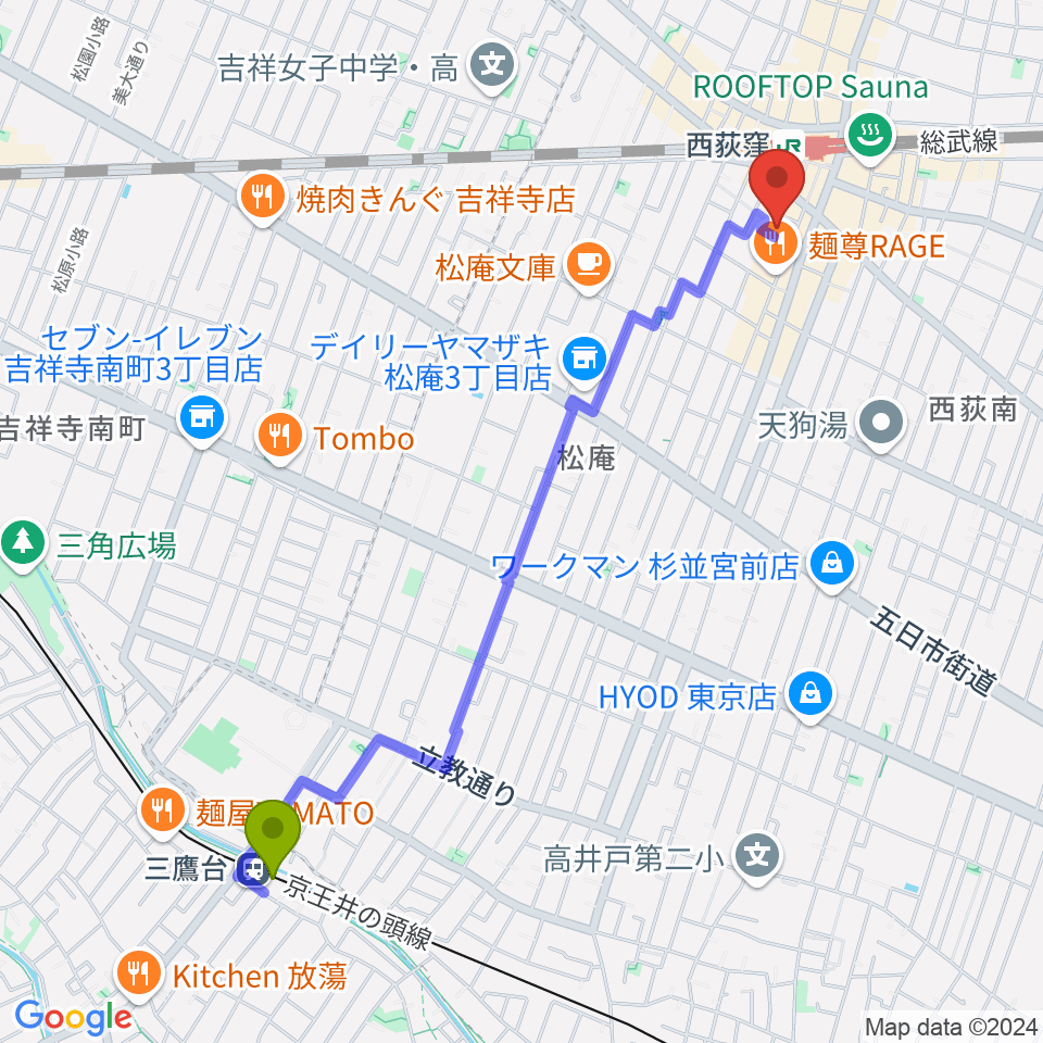 三鷹台駅からSAWYER CAFEへのルートマップ地図