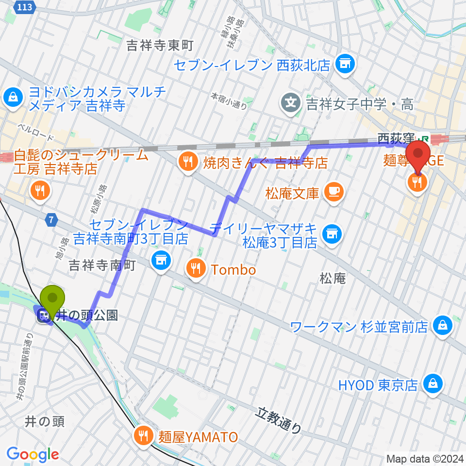 井の頭公園駅からSAWYER CAFEへのルートマップ地図