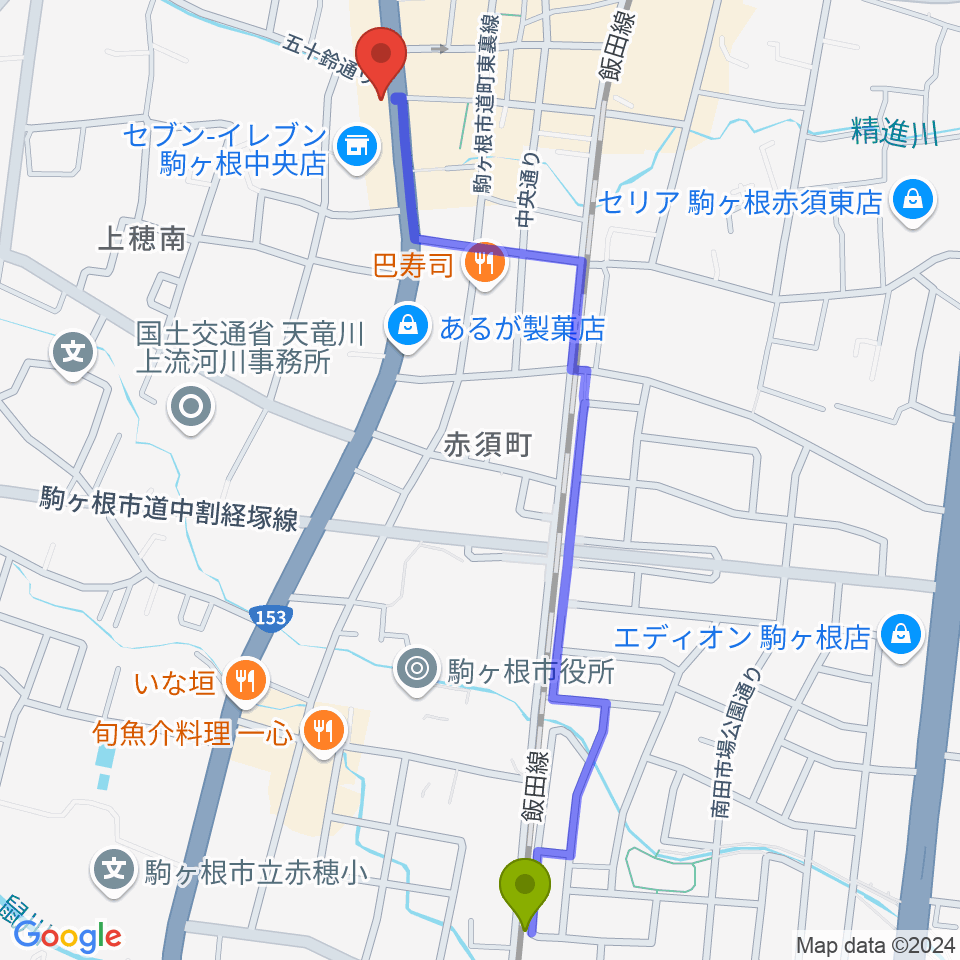 小町屋駅から音の芽ホールへのルートマップ地図