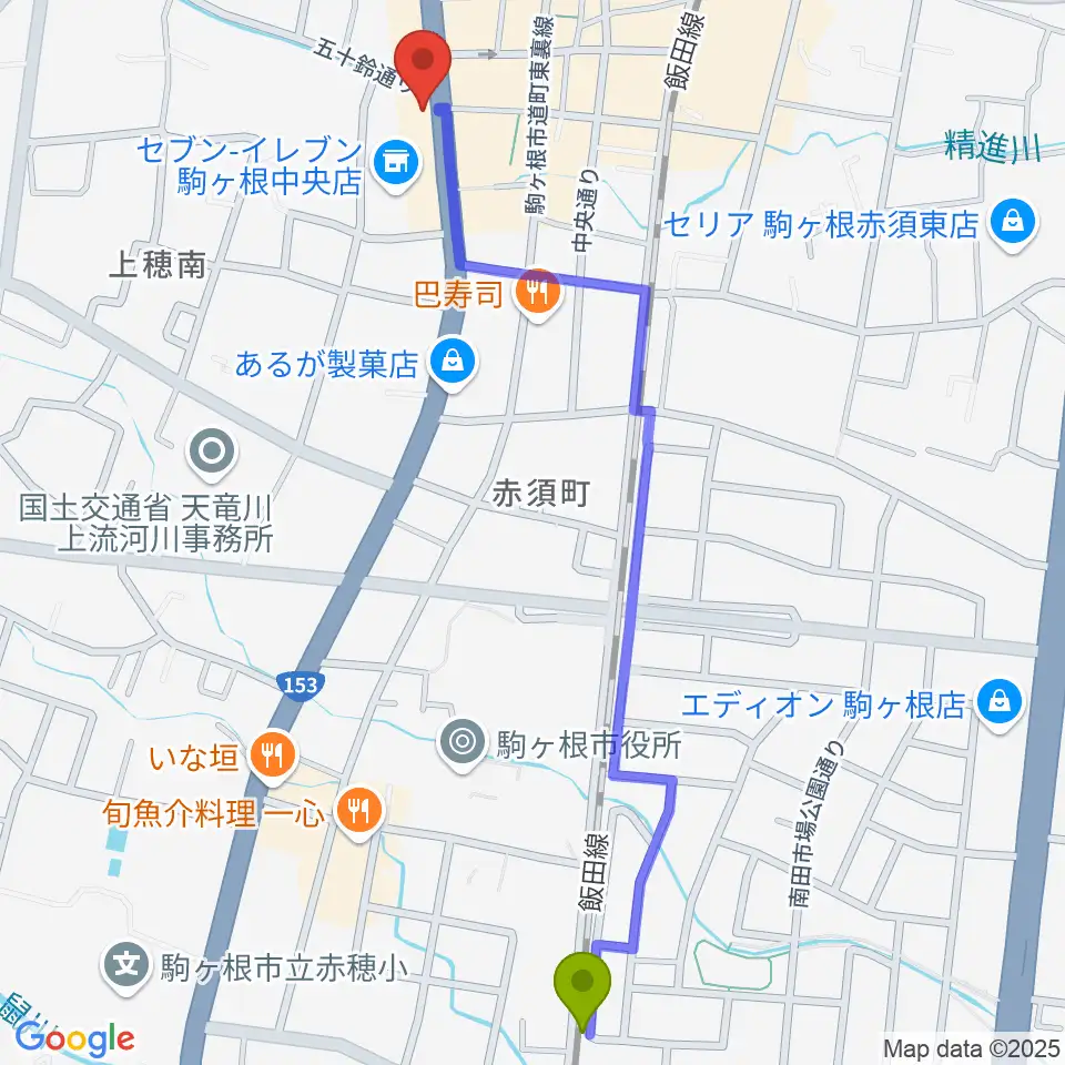 小町屋駅から音の芽ホールへのルートマップ地図