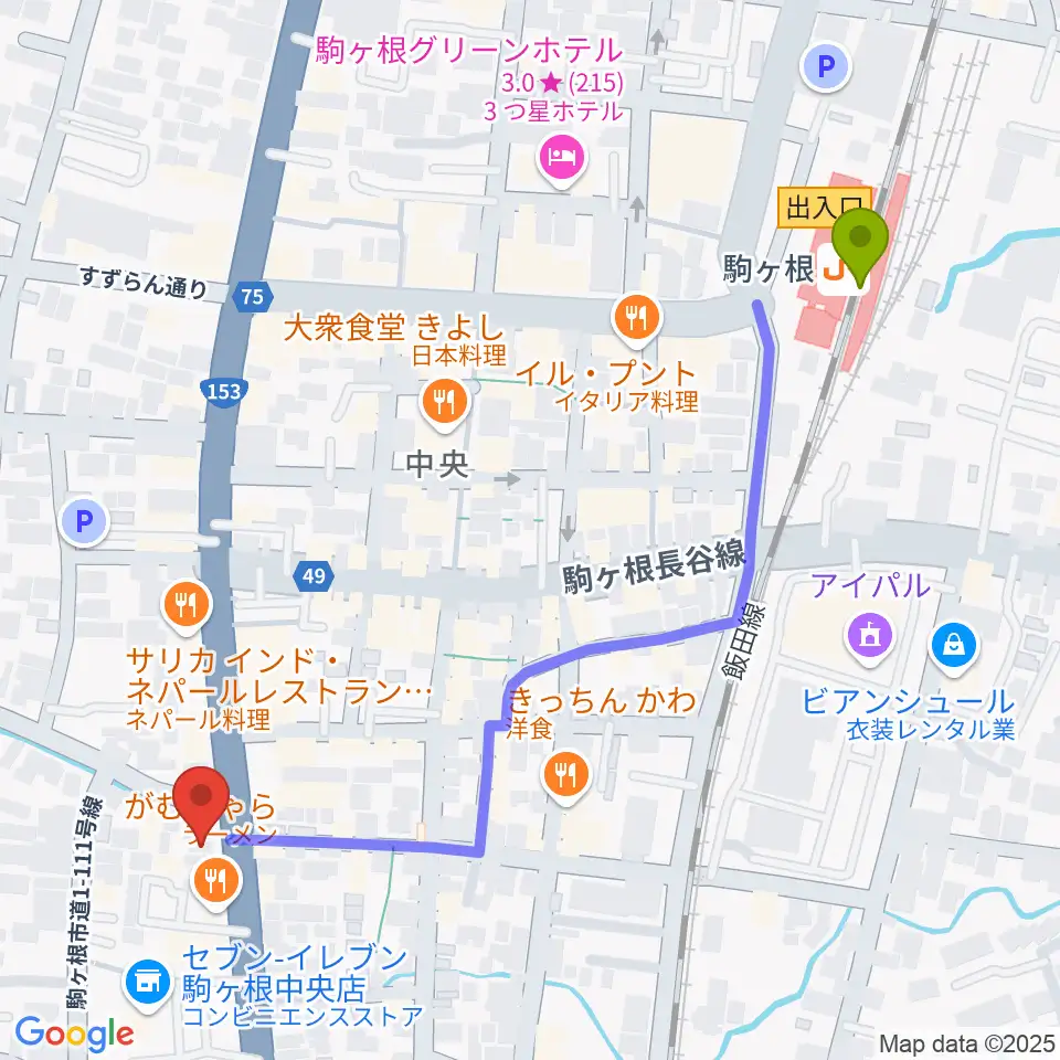 音の芽ホールの最寄駅駒ケ根駅からの徒歩ルート（約6分）地図