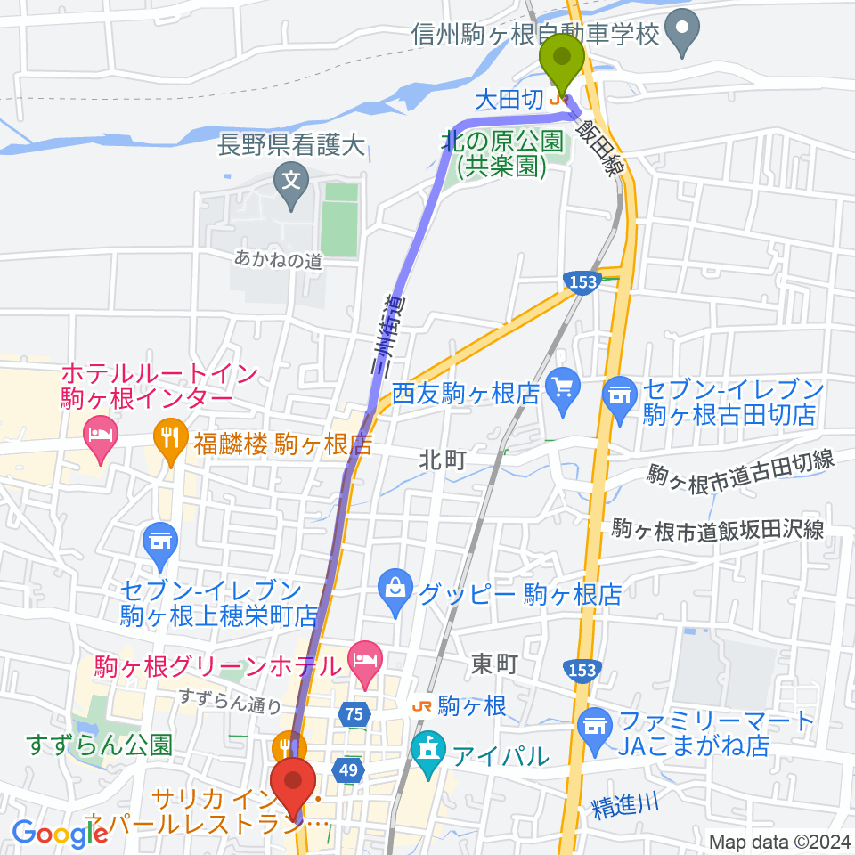 大田切駅から音の芽ホールへのルートマップ地図