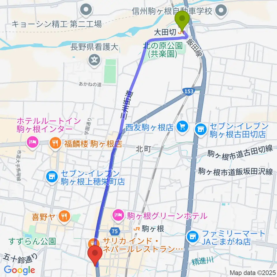 大田切駅から音の芽ホールへのルートマップ地図