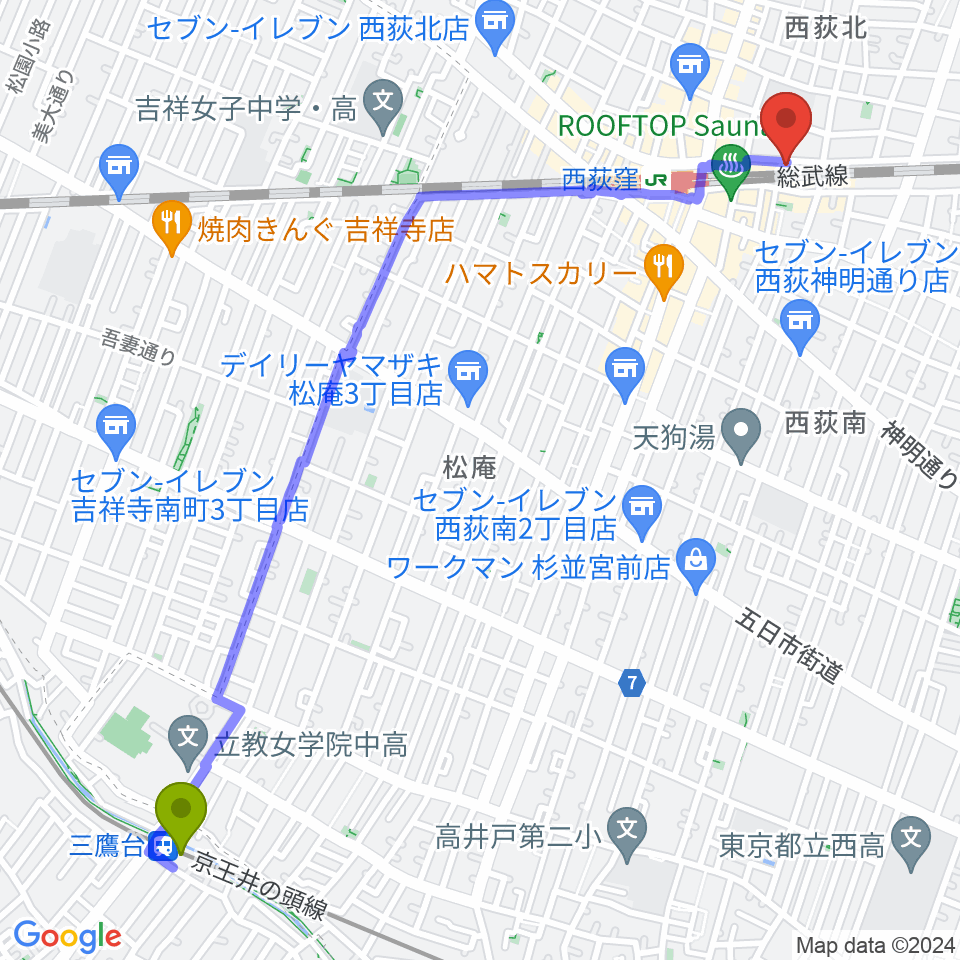 三鷹台駅からサウンドワゴンスタジオへのルートマップ地図