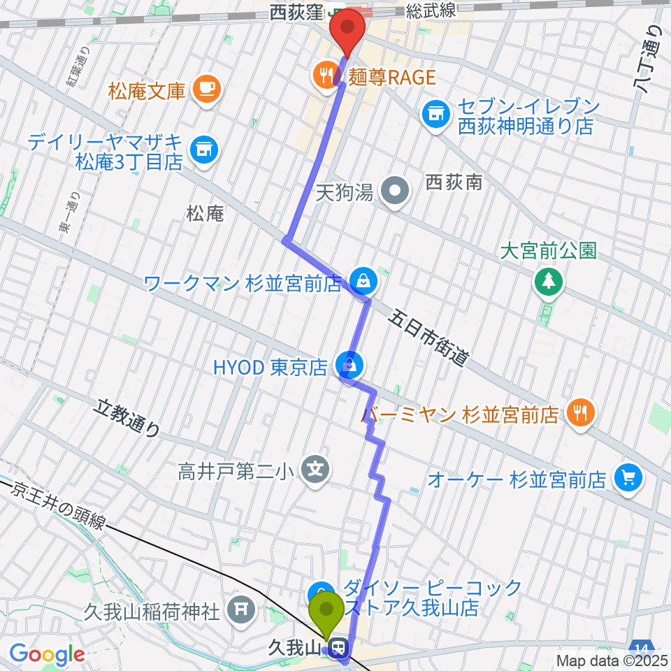 久我山駅からニュースター楽器 西荻窪センターへのルートマップ地図