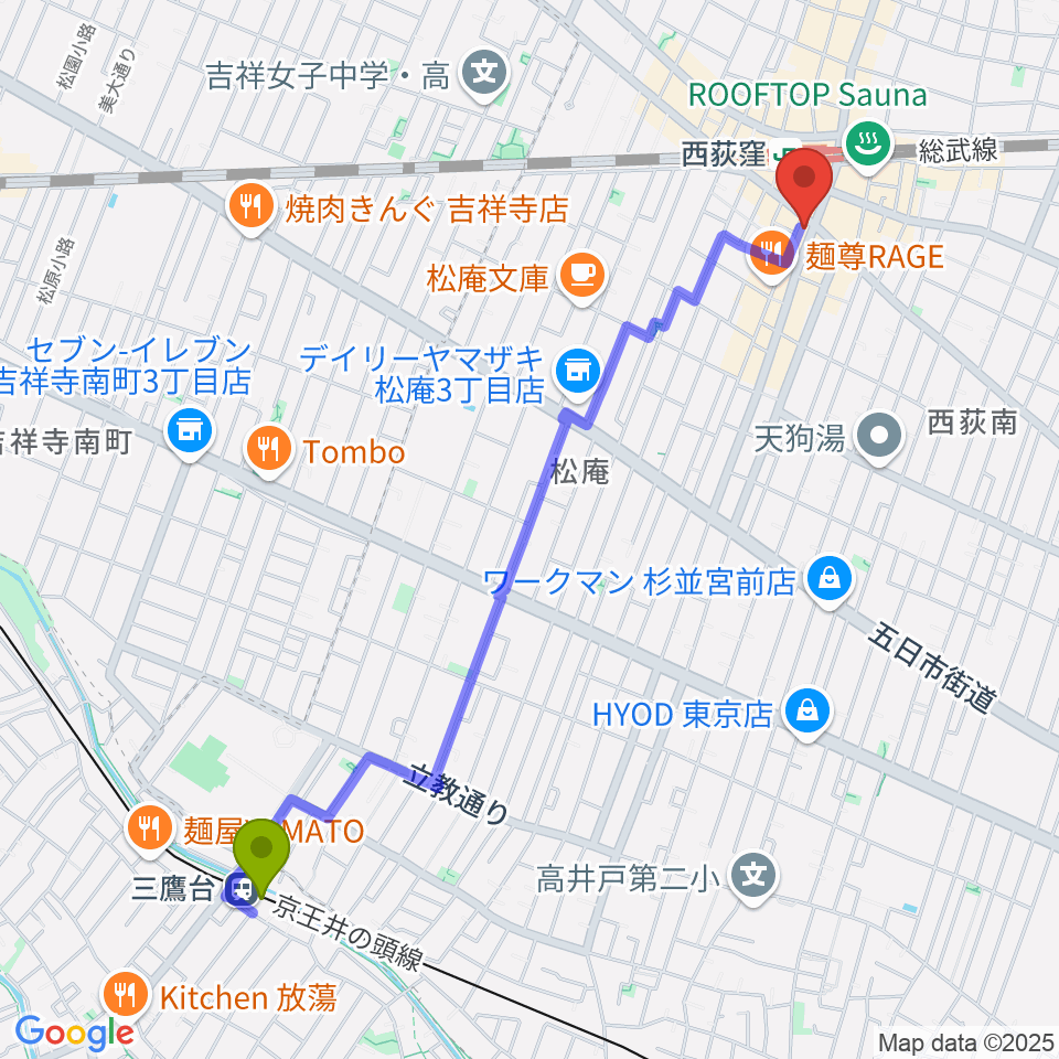 三鷹台駅からニュースター楽器 西荻窪センターへのルートマップ地図