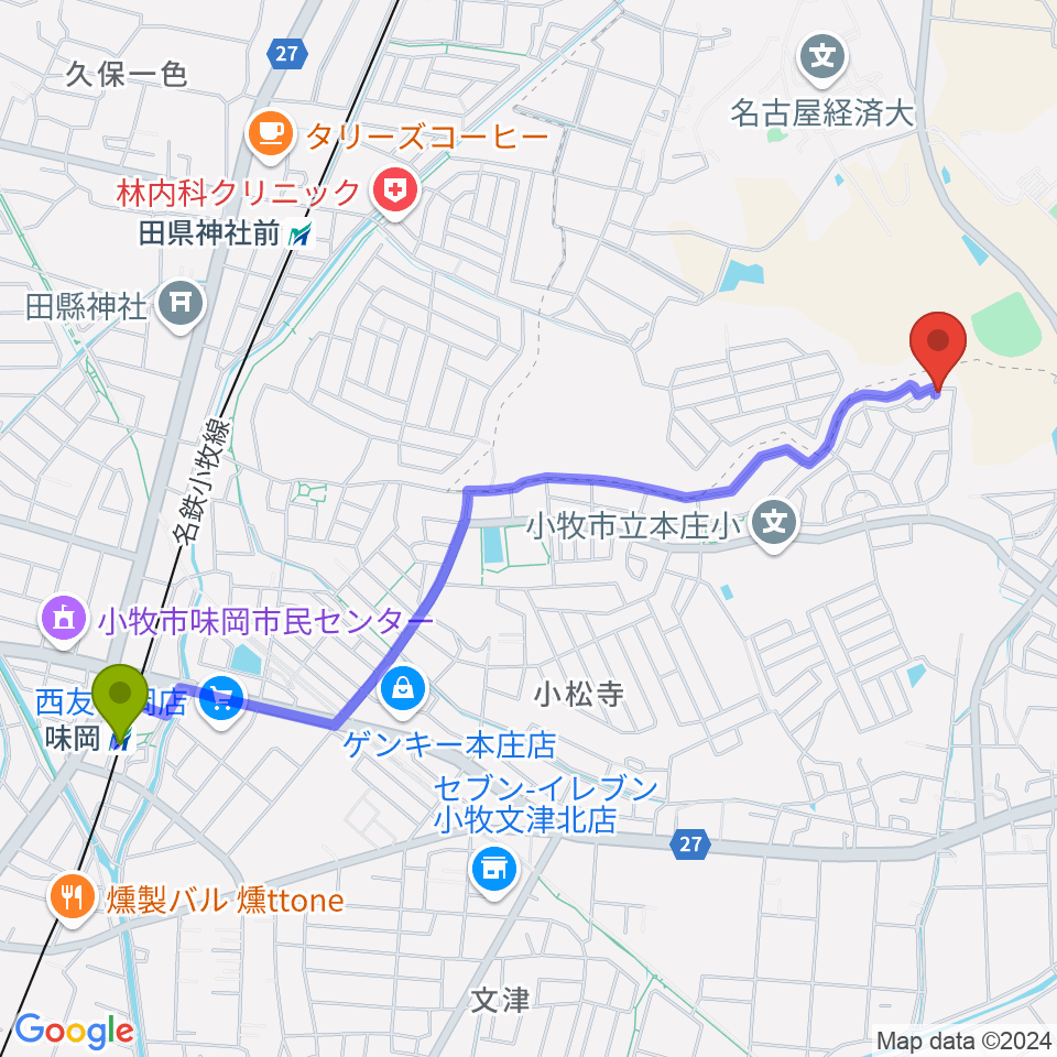 味岡駅から歌音音楽教室へのルートマップ地図