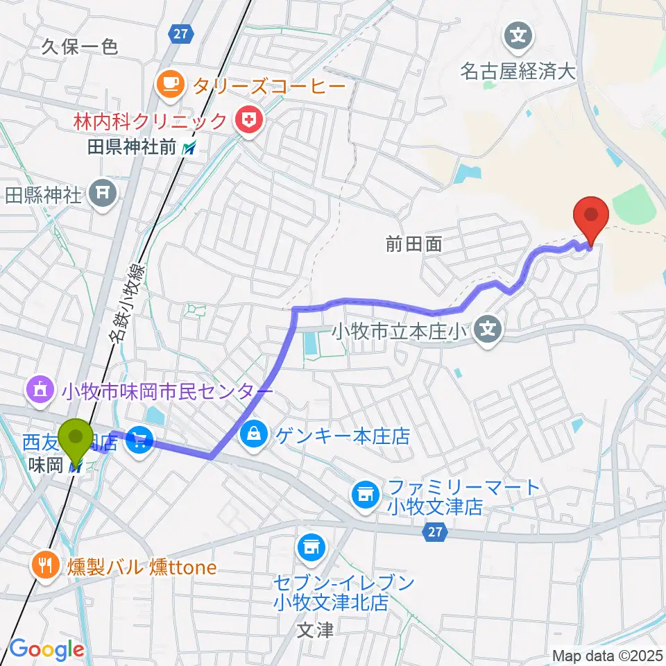 味岡駅から歌音音楽教室へのルートマップ地図