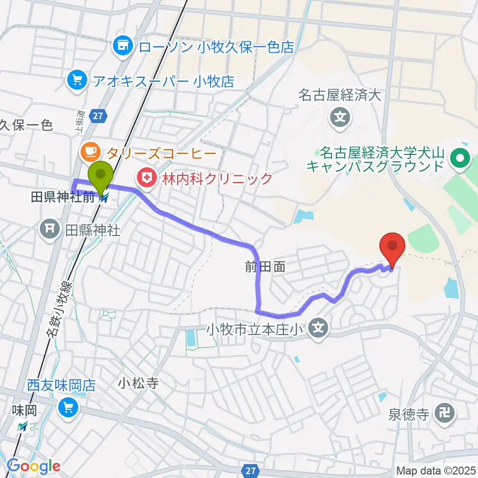 歌音音楽教室の最寄駅田県神社前駅からの徒歩ルート（約20分）地図