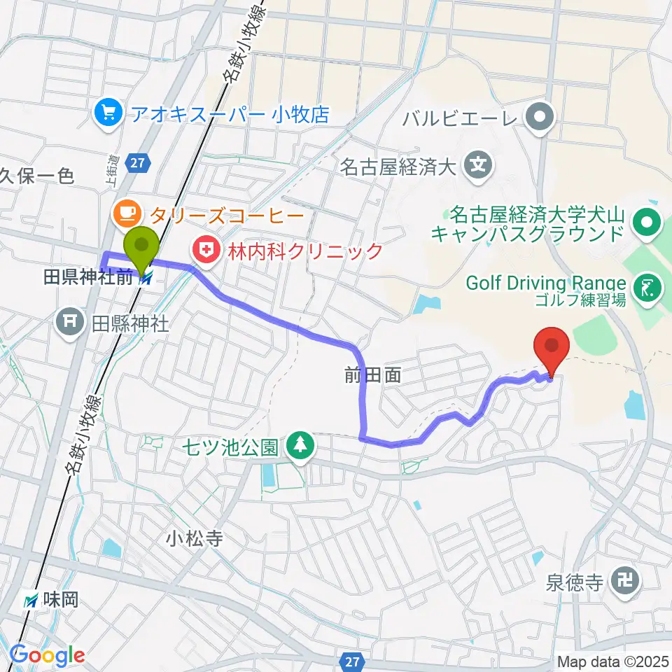 歌音音楽教室の最寄駅田県神社前駅からの徒歩ルート（約20分）地図