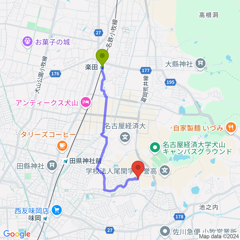 楽田駅から歌音音楽教室へのルートマップ地図