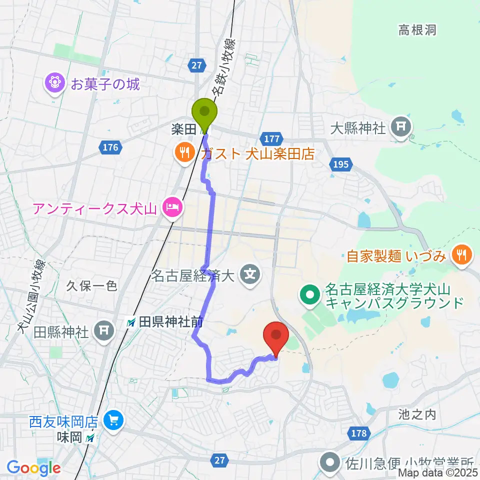 楽田駅から歌音音楽教室へのルートマップ地図