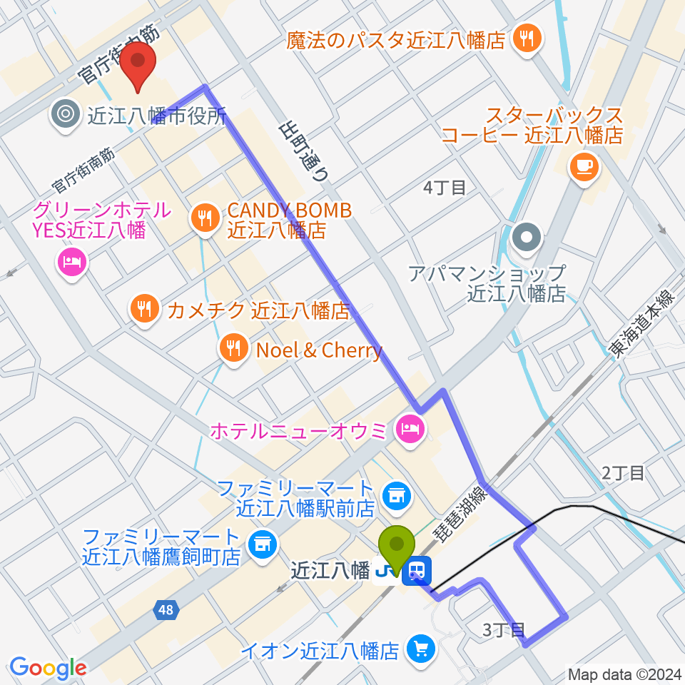 近江八幡市文化会館の最寄駅近江八幡駅からの徒歩ルート（約12分）地図