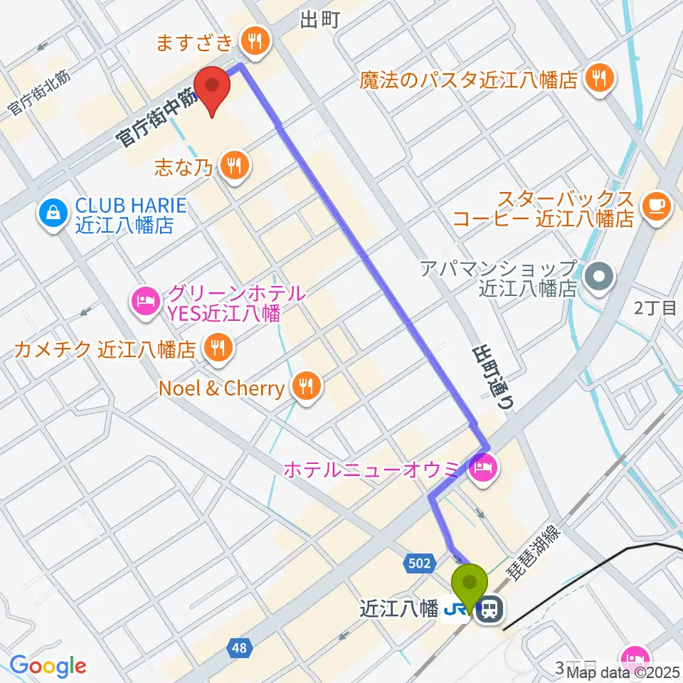 近江八幡市文化会館の最寄駅近江八幡駅からの徒歩ルート（約13分）地図