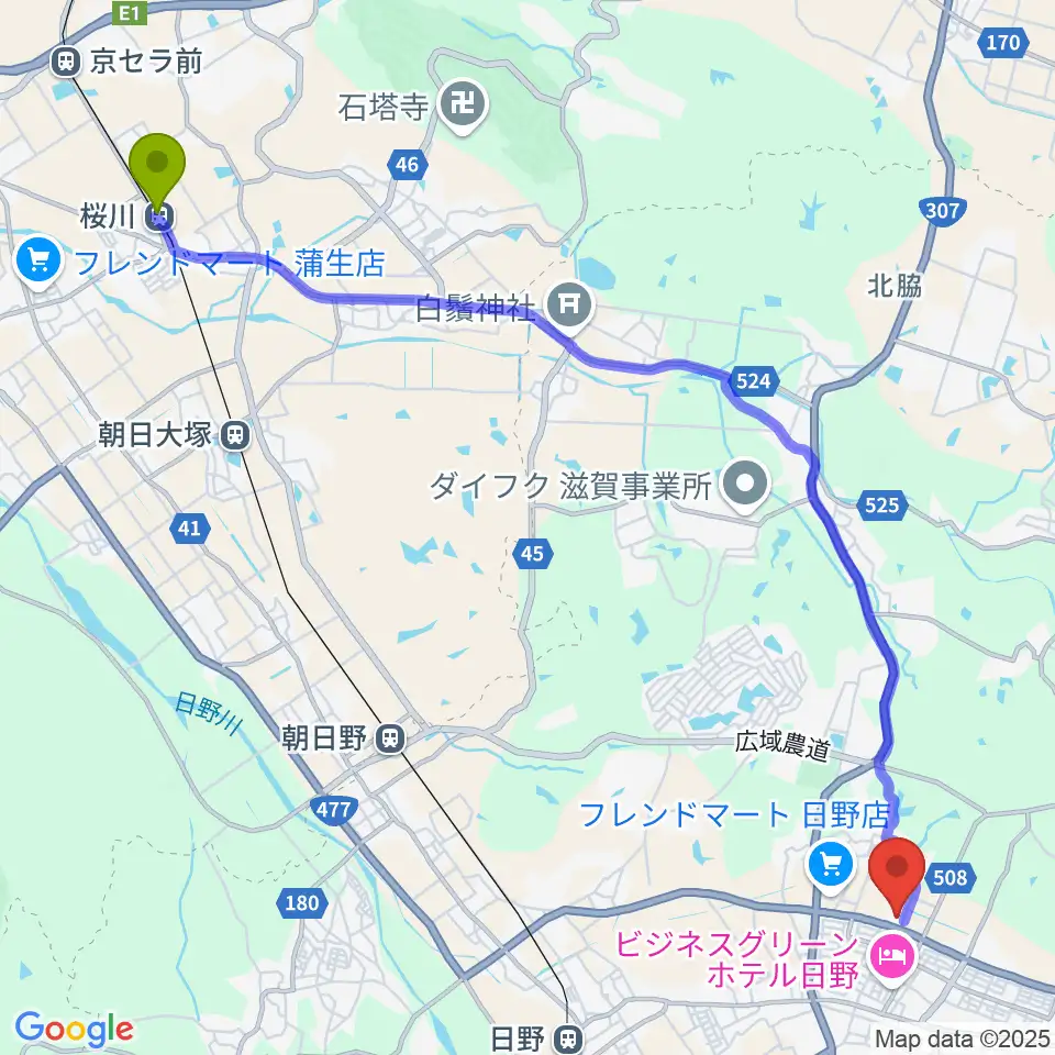桜川駅から日野町町民会館わたむきホール虹へのルートマップ地図