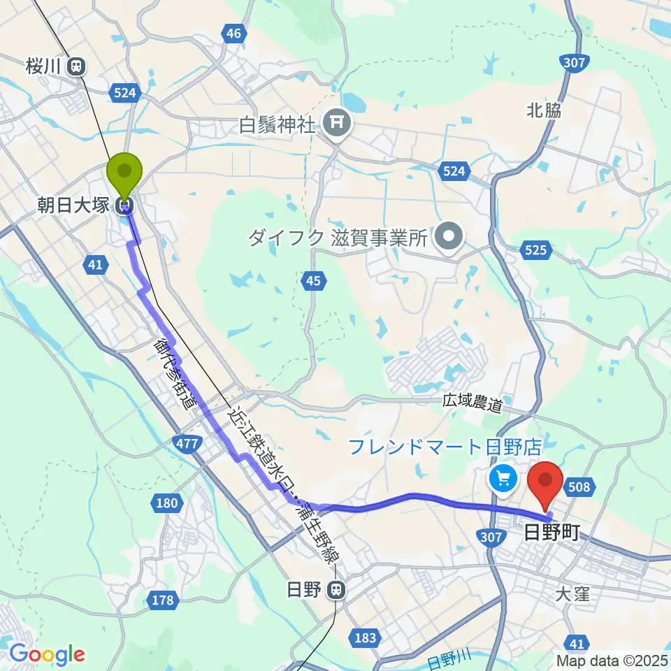 朝日大塚駅から日野町町民会館わたむきホール虹へのルートマップ地図