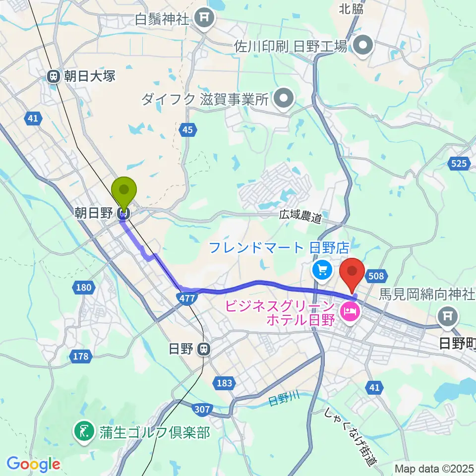 朝日野駅から日野町町民会館わたむきホール虹へのルートマップ地図