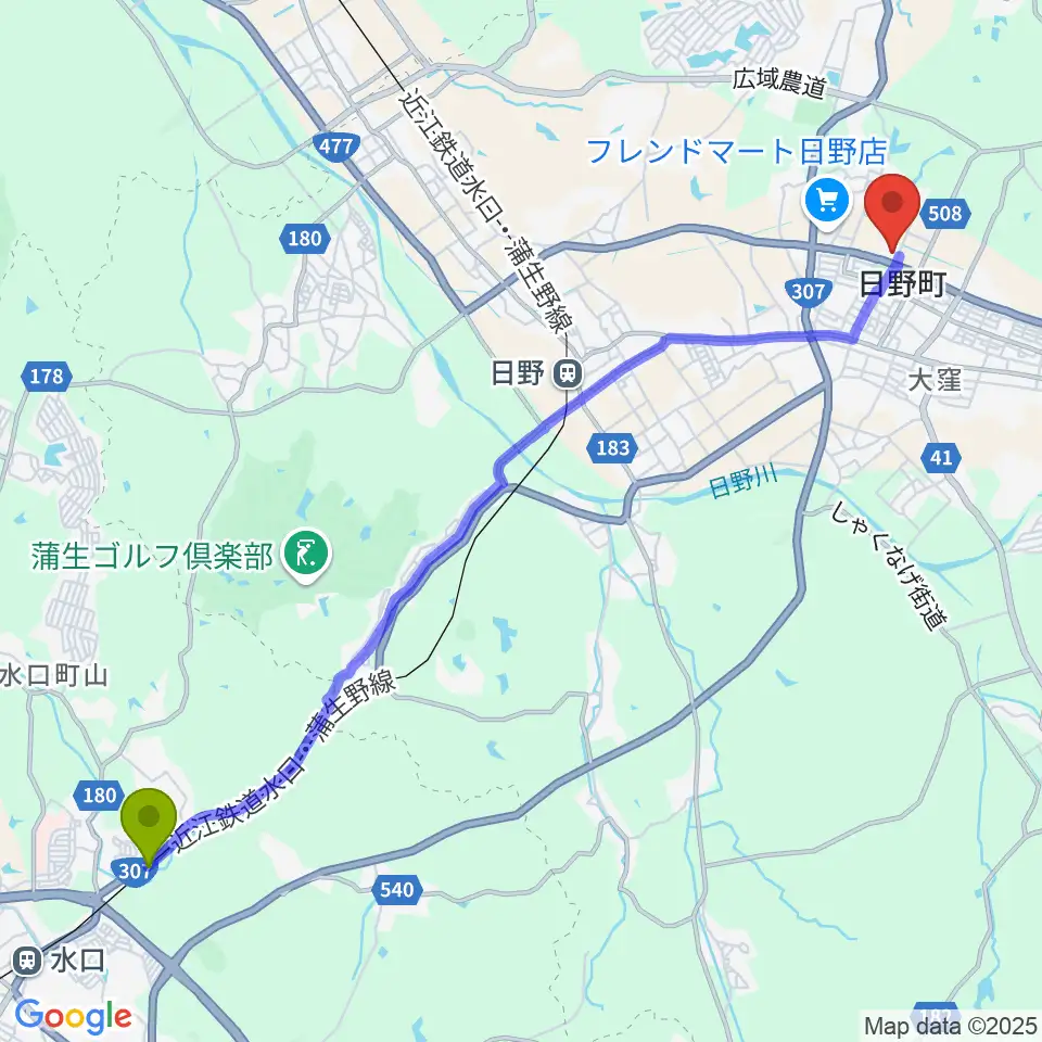 水口松尾駅から日野町町民会館わたむきホール虹へのルートマップ地図