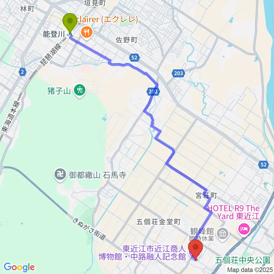 能登川駅からてんびんの里文化学習センターへのルートマップ地図