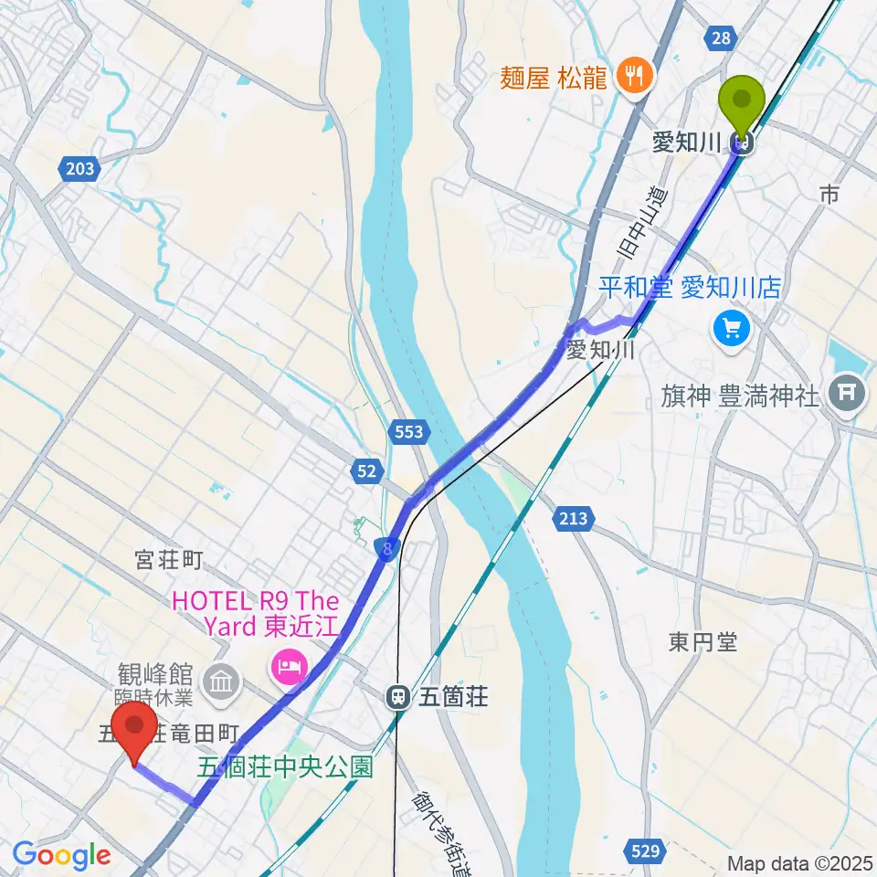 愛知川駅からてんびんの里文化学習センターへのルートマップ地図
