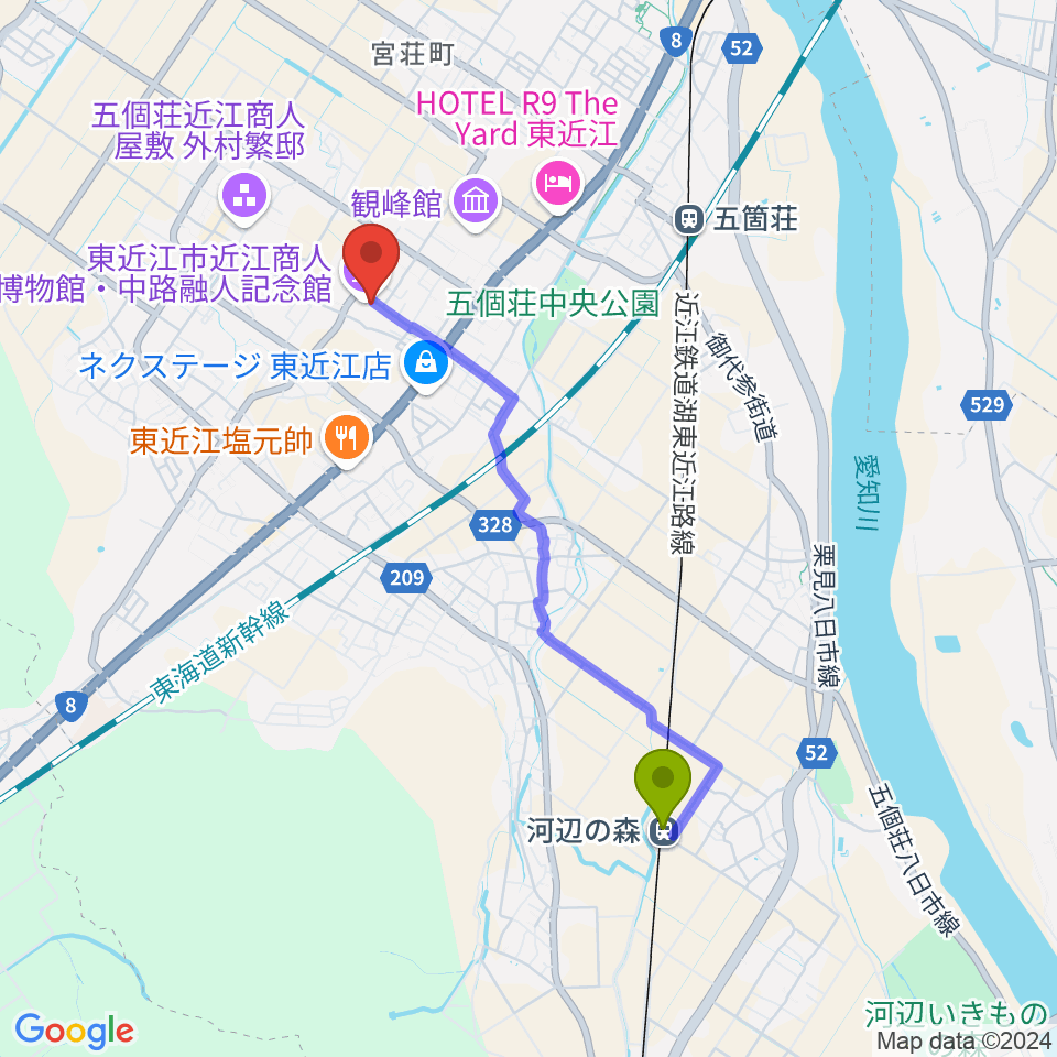 河辺の森駅からてんびんの里文化学習センターへのルートマップ地図