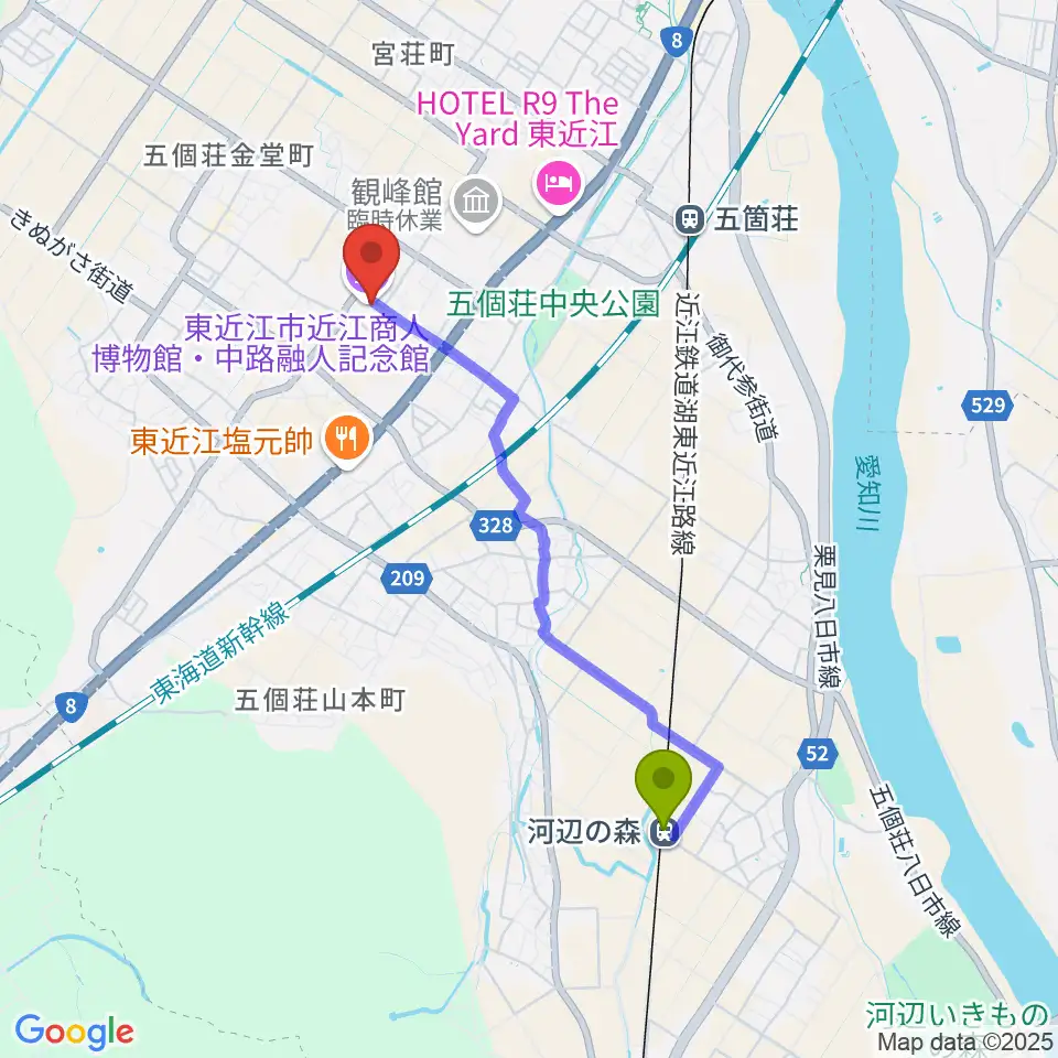 河辺の森駅からてんびんの里文化学習センターへのルートマップ地図