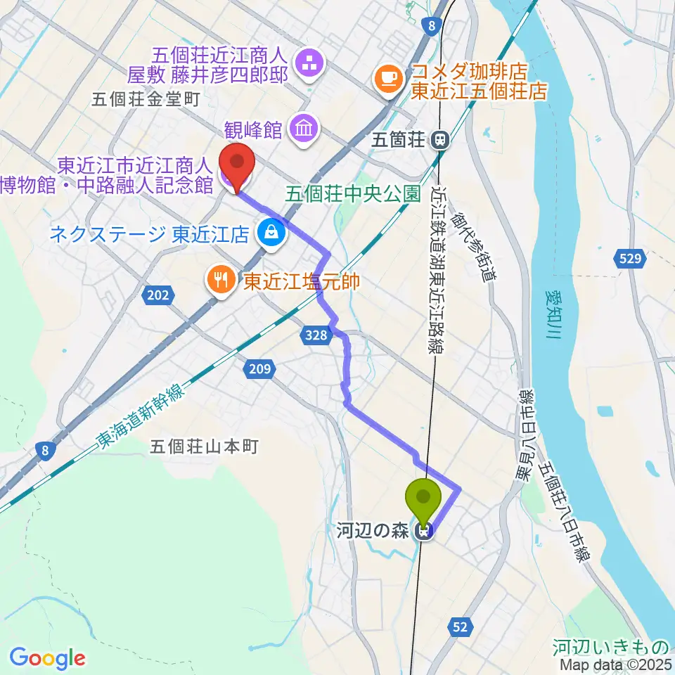 河辺の森駅からてんびんの里文化学習センターへのルートマップ地図