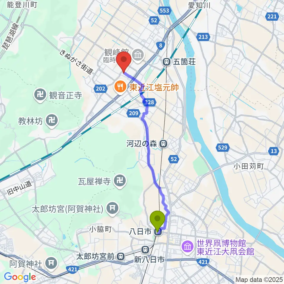 八日市駅からてんびんの里文化学習センターへのルートマップ地図