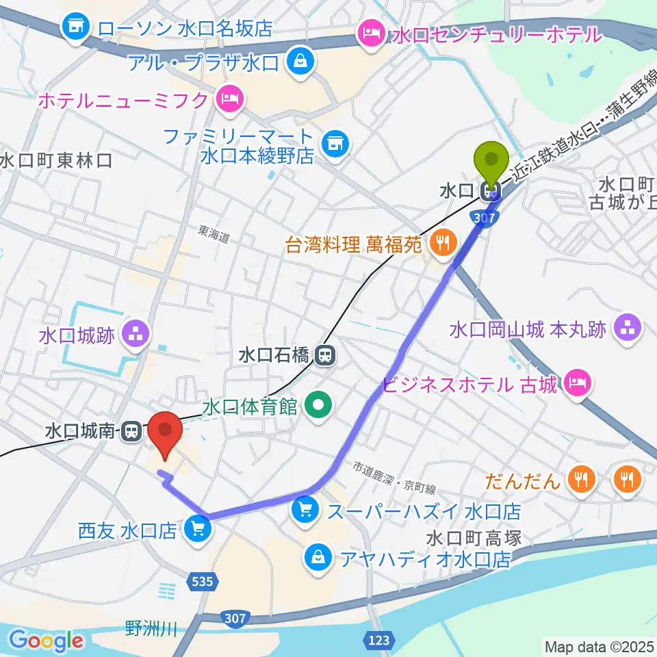 水口駅からあいこうか市民ホールへのルートマップ地図