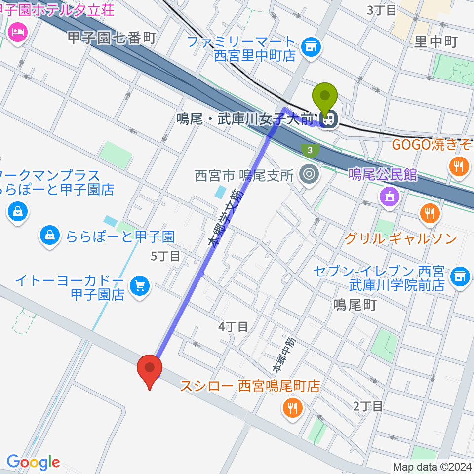 なるお文化ホールの最寄駅鳴尾・武庫川女子大前駅からの徒歩ルート（約11分）地図