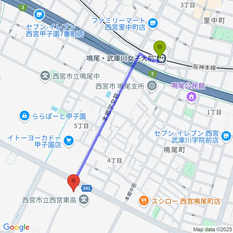 なるお文化ホールの最寄駅鳴尾・武庫川女子大前駅からの徒歩ルート（約11分）地図