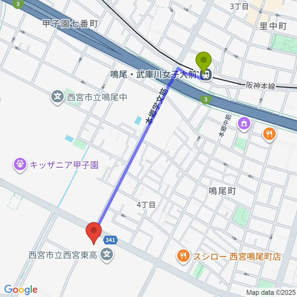 なるお文化ホールの最寄駅鳴尾・武庫川女子大前駅からの徒歩ルート（約11分）地図