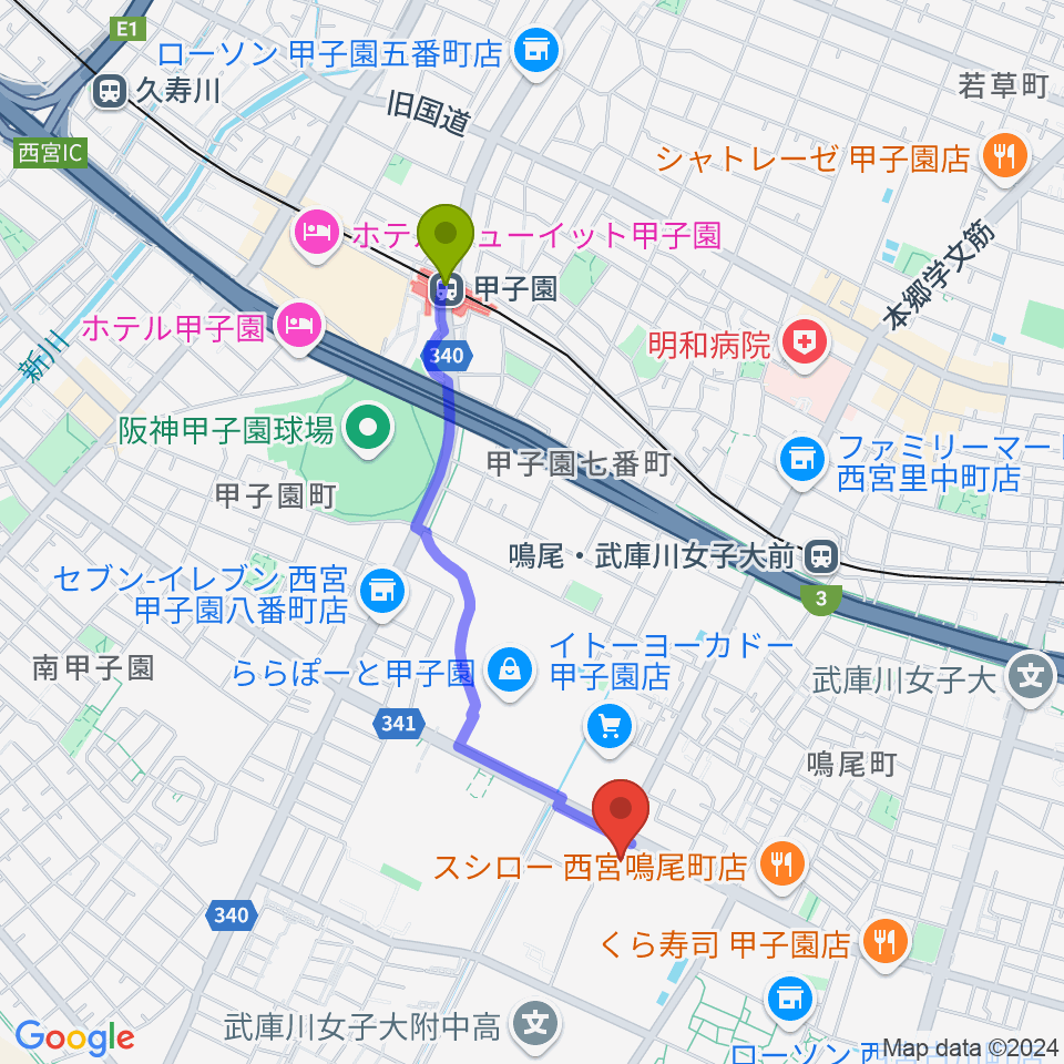 甲子園駅からなるお文化ホールへのルートマップ地図